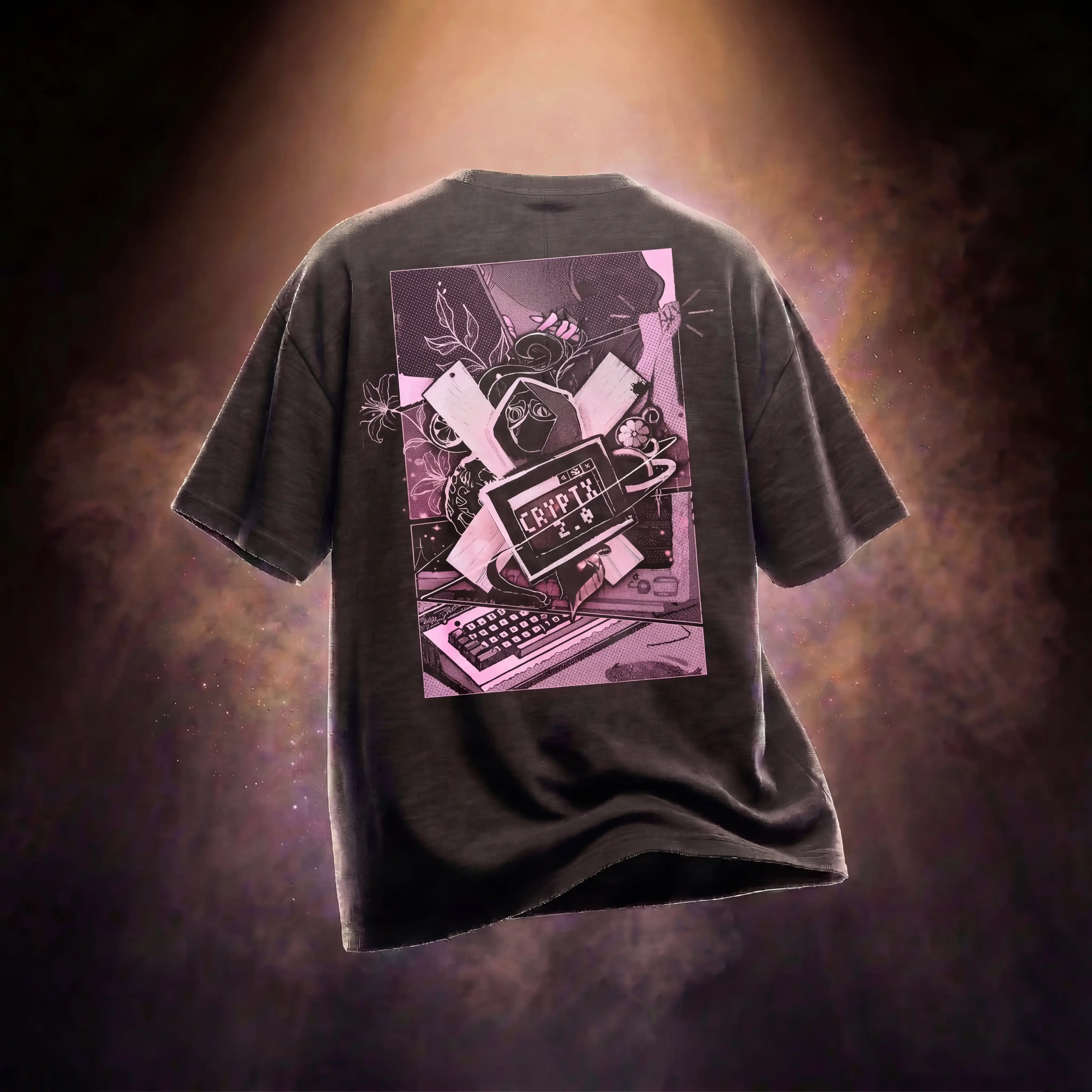 Dark grey CryptX Cosmic Voyager oversized t-shirt with pink retro-cyberpunk back graphic – view 1