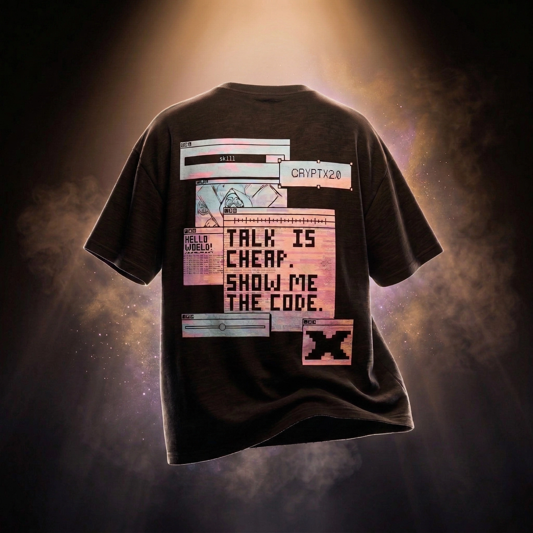 Black t-shirt back view showing a complex graphic of glitched computer UI panels with the large text 'TALK IS CHEAP. SHOW ME THE CODE.' – view 1