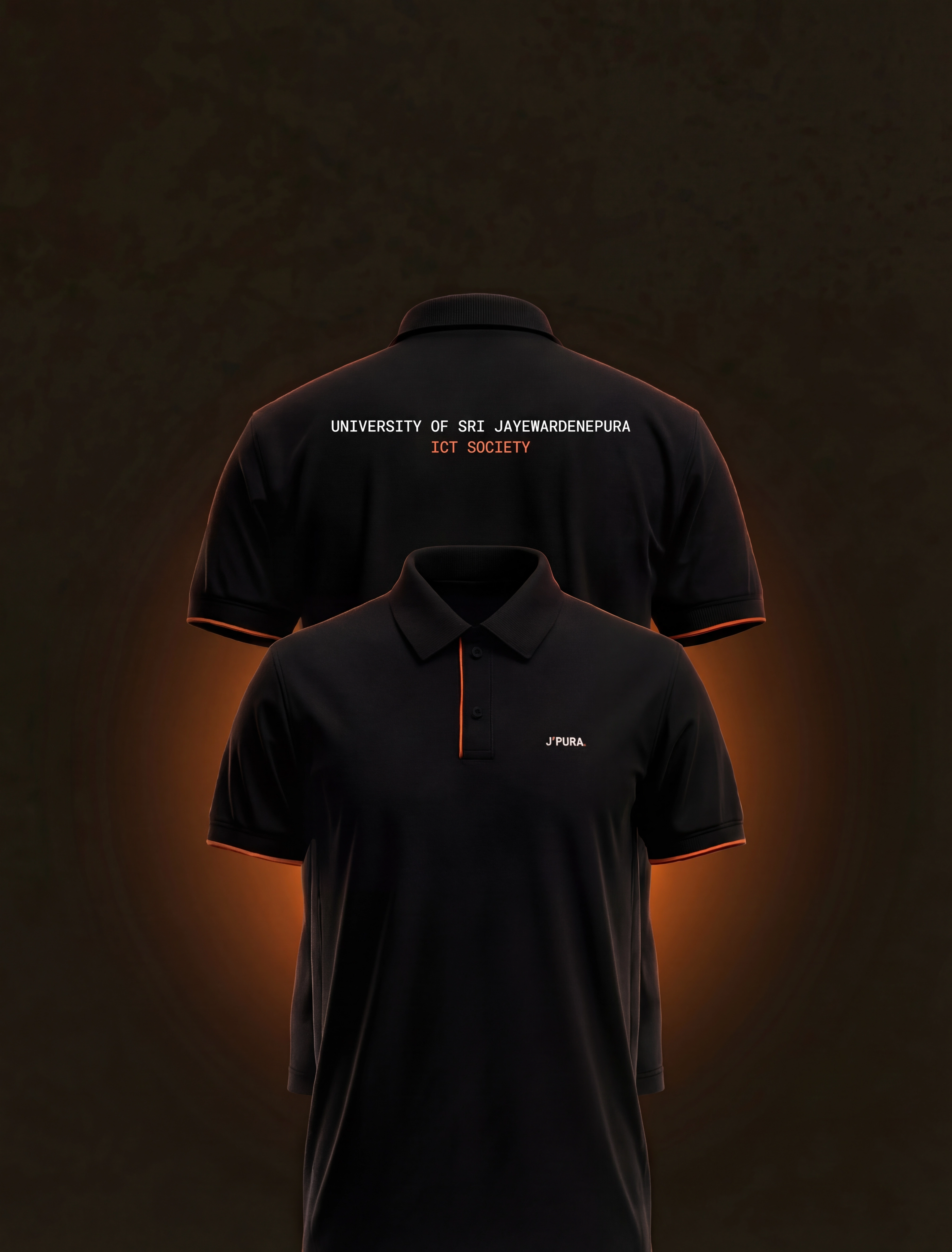 Black J'PURA embroidered polo with orange trim, front and back view – view 1